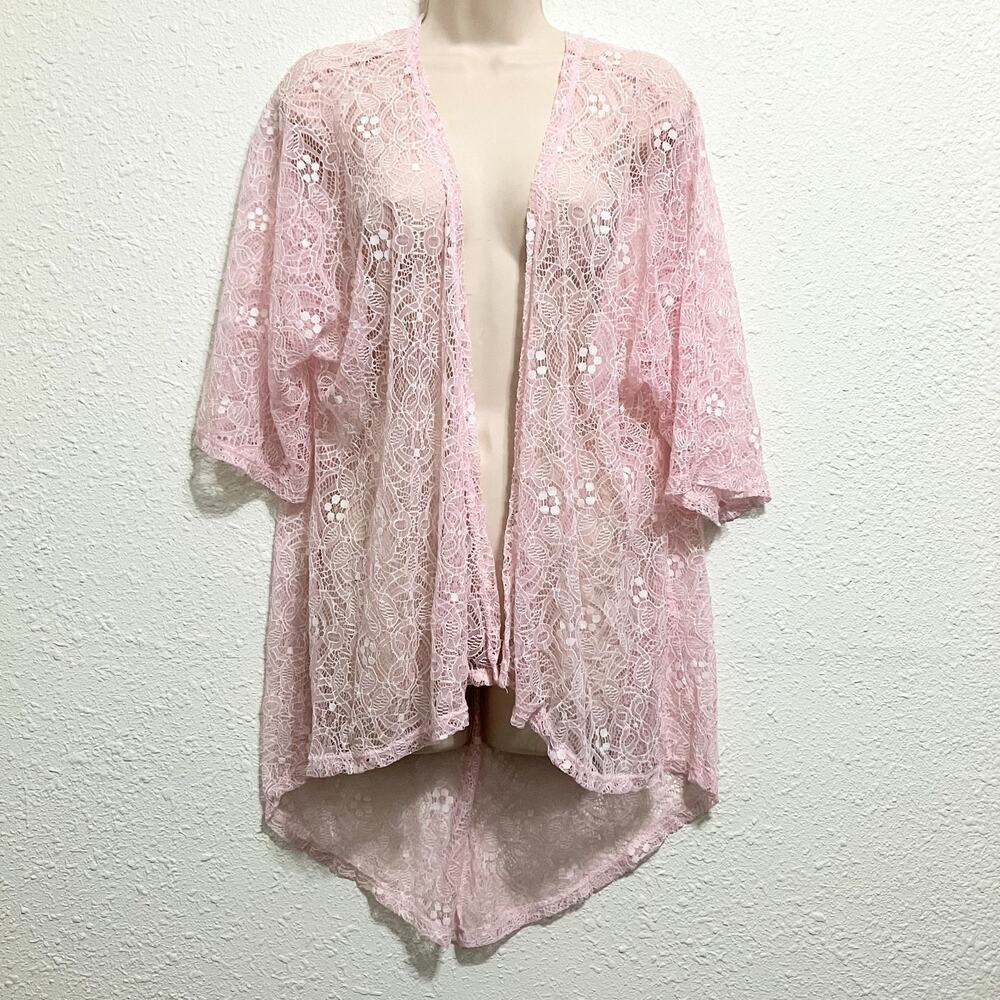 LuLaRoe Shirley Lace Kimono Cardigan Soft Pink Floral Open Front Sz Small